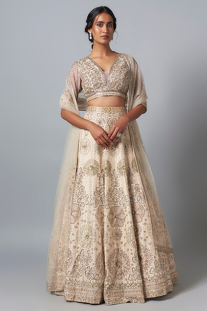 Ivory Dupion Zardosi Embroidered Bridal Lehenga Set by Shlok Design at Pernia's Pop Up Shop