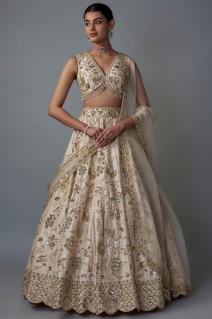 Ivory Dupion Zardosi & Gold Embroidered Bridal Lehenga Set by Shlok Design at Pernia's Pop Up Shop