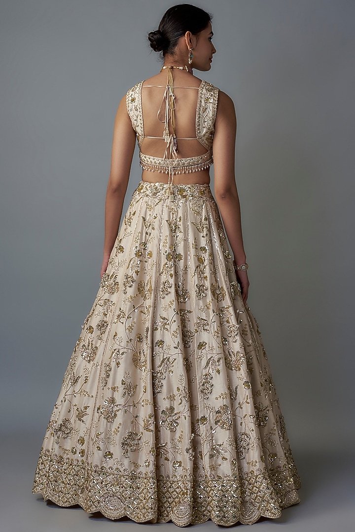 Ivory Dupion Zardosi & Gold Embroidered Bridal Lehenga Set by Shlok Design at Pernia's Pop Up Shop