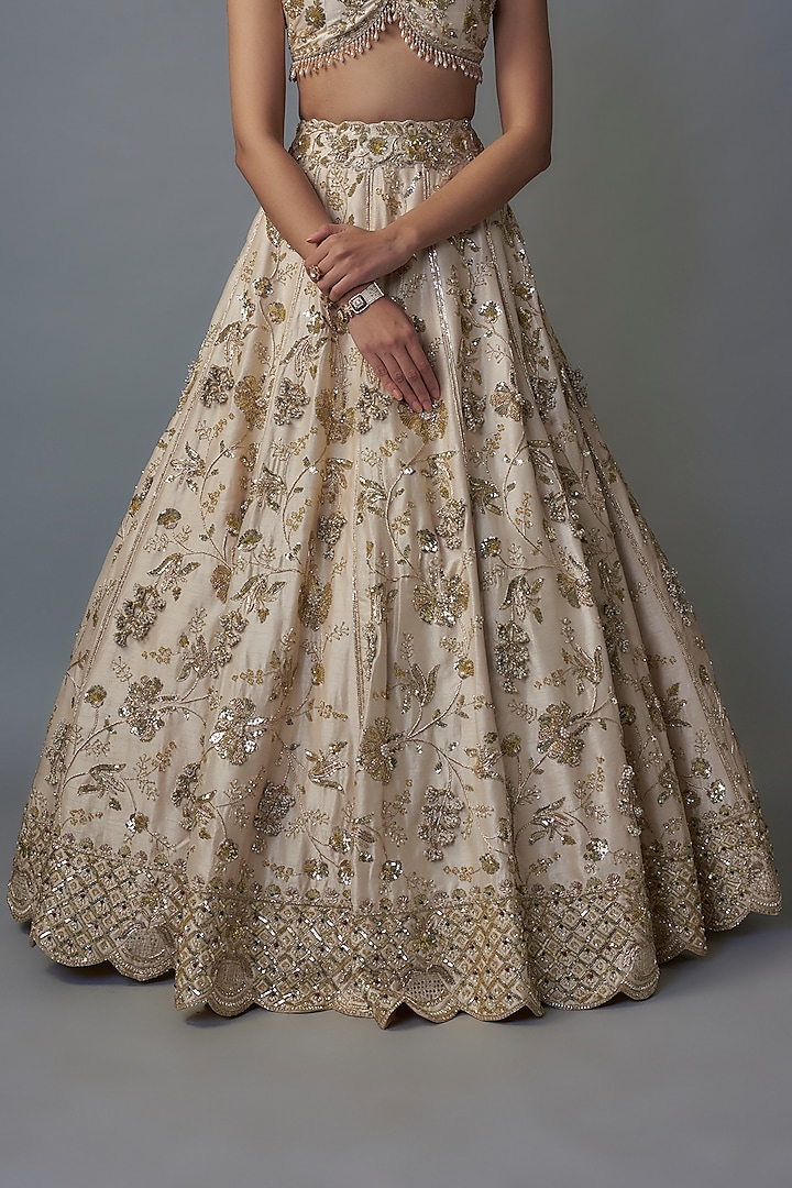 Ivory Dupion Zardosi & Gold Embroidered Bridal Lehenga Set by Shlok Design at Pernia's Pop Up Shop