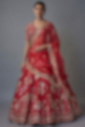 Red Raw Silk Zardosi & Boota Embroidered Bridal Lehenga Set by Shlok Design at Pernia's Pop Up Shop