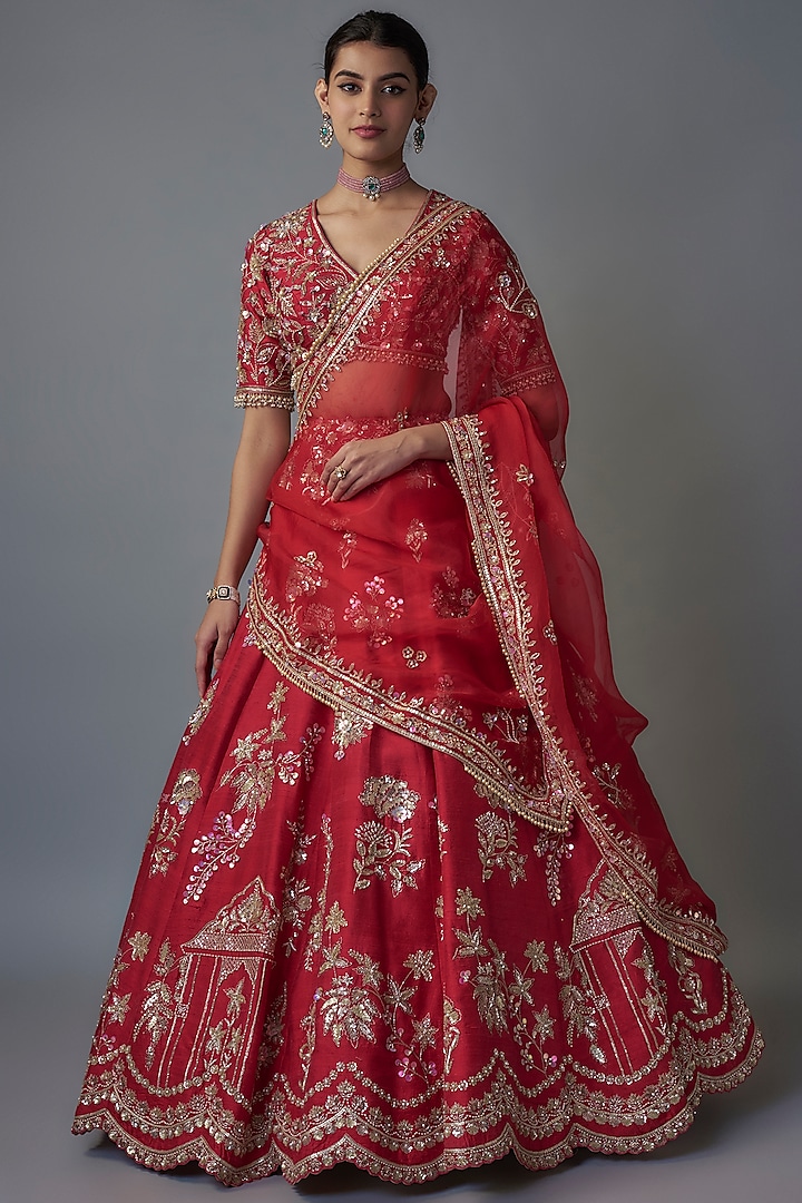 Red Raw Silk Zardosi & Boota Embroidered Bridal Lehenga Set by Shlok Design at Pernia's Pop Up Shop