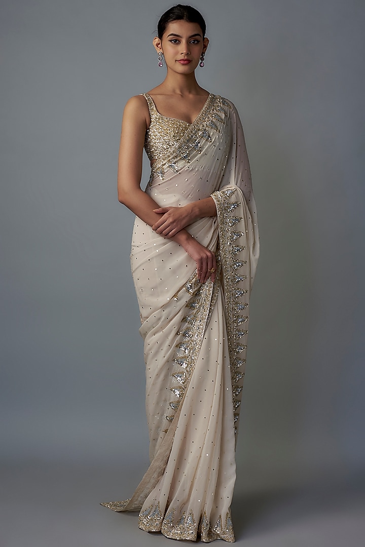 Ivory Georgette Gold & Zardosi Embroidered Saree Set by Shlok Design at Pernia's Pop Up Shop