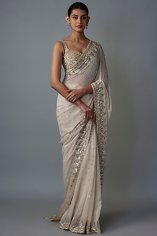 Ivory Georgette Gold & Zardosi Embroidered Saree Set by Shlok Design