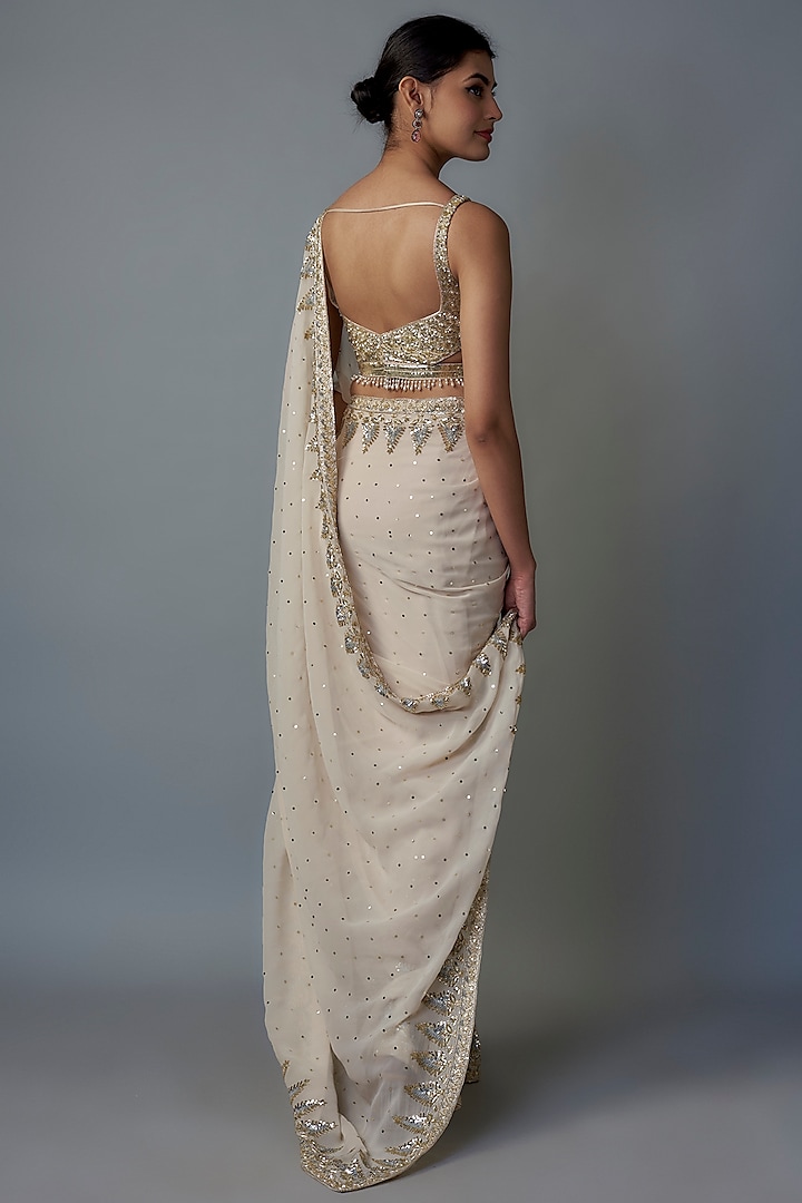 Ivory Georgette Gold & Zardosi Embroidered Reception Saree Set by Shlok Design at Pernia's Pop Up Shop