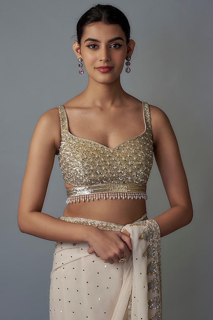 Ivory Georgette Gold & Zardosi Embroidered Reception Saree Set by Shlok Design at Pernia's Pop Up Shop
