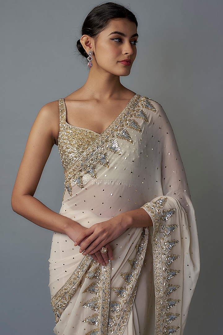 Ivory Georgette Gold & Zardosi Embroidered Reception Saree Set by Shlok Design at Pernia's Pop Up Shop