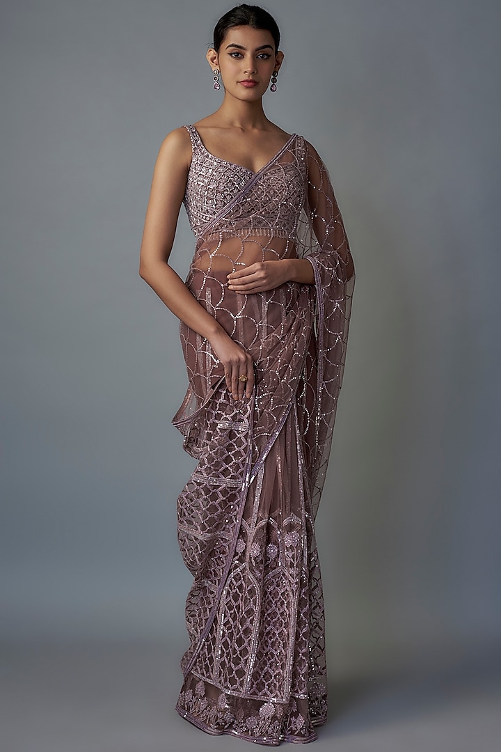 Brown Net Resham & Sequins Embroidered Saree Set by Shlok Design at Pernia's Pop Up Shop