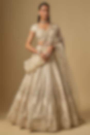 Ivory Dupion Zardosi Embroidered Bridal Lehenga Set by Shlok Design at Pernia's Pop Up Shop