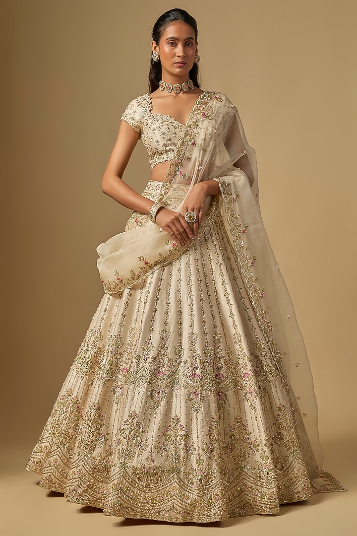 Ivory Dupion Zardosi Embroidered Bridal Lehenga Set by Shlok Design at Pernia's Pop Up Shop