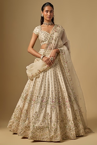Ivory Dupion Zardosi Embroidered Lehenga Set by Shlok Design