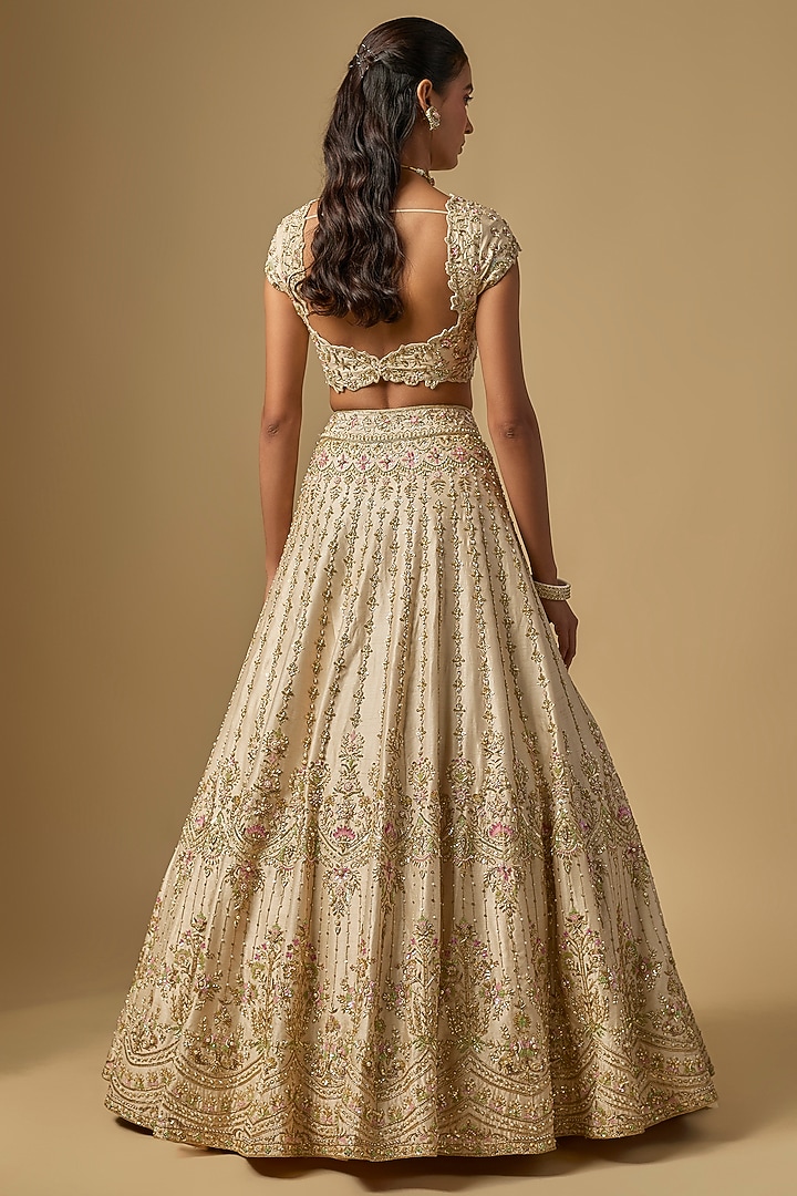 Ivory Dupion Zardosi Embroidered Bridal Lehenga Set by Shlok Design at Pernia's Pop Up Shop