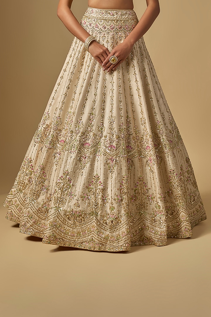 Ivory Dupion Zardosi Embroidered Bridal Lehenga Set by Shlok Design at Pernia's Pop Up Shop