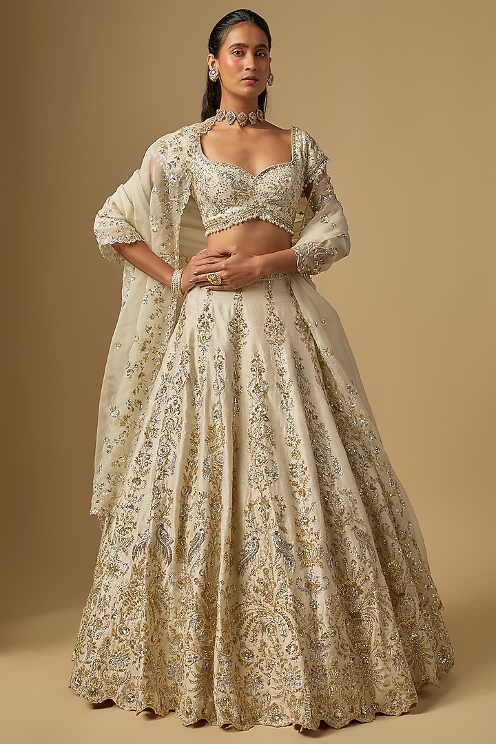 Ivory Dupion Zardosi Embroidered Bridal Lehenga Set by Shlok Design at Pernia's Pop Up Shop