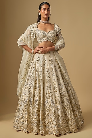 Ivory Dupion Zardosi Embroidered Lehenga Set by Shlok Design