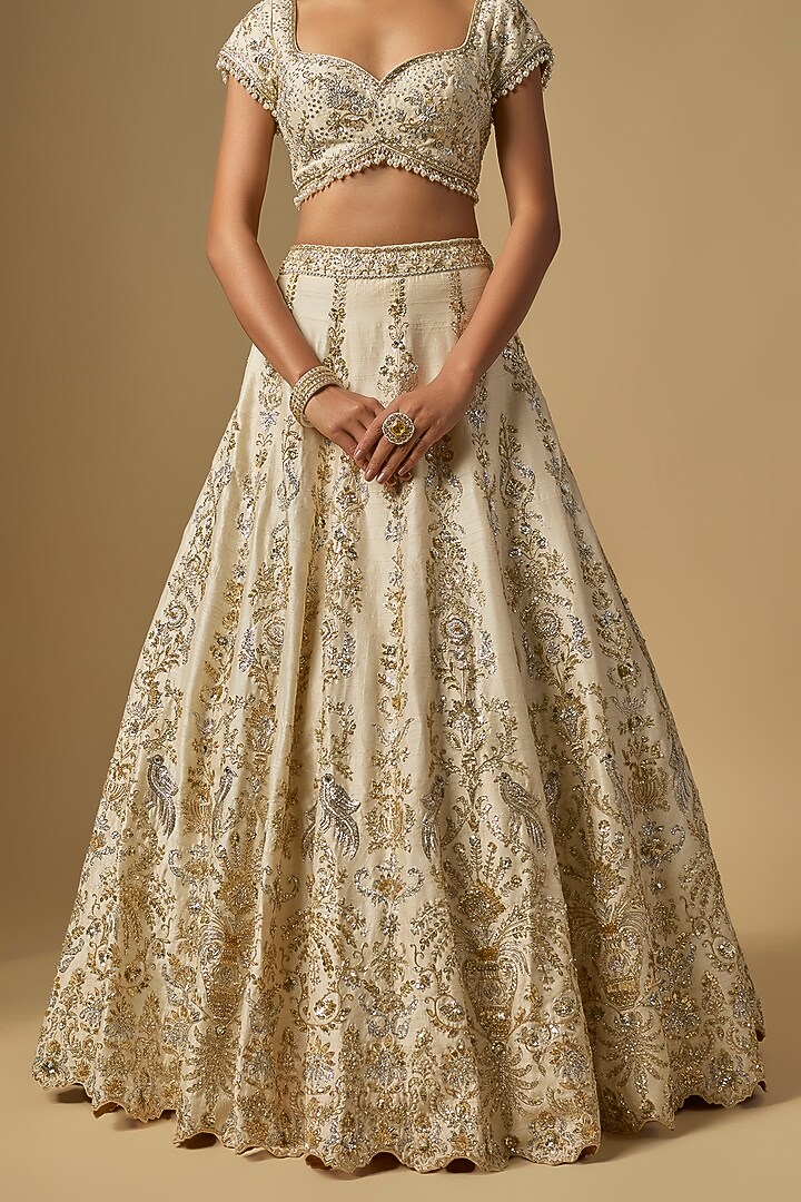 Ivory Dupion Zardosi Embroidered Bridal Lehenga Set by Shlok Design at Pernia's Pop Up Shop