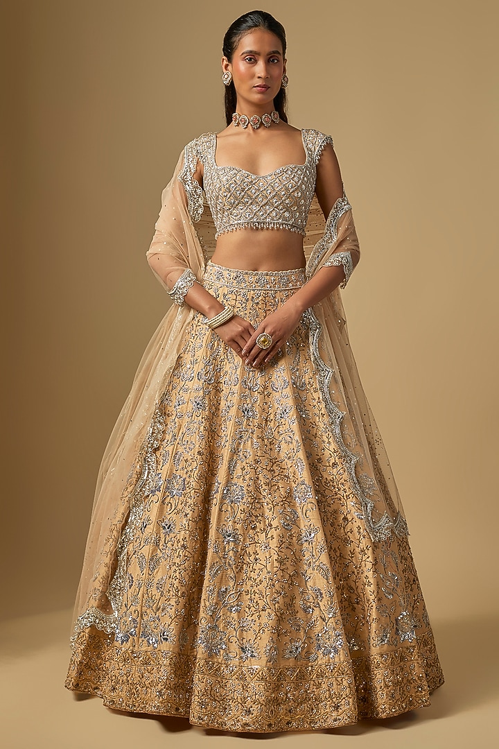 Golden Raw Silk Zardosi Embroidered Bridal Lehenga Set by Shlok Design at Pernia's Pop Up Shop