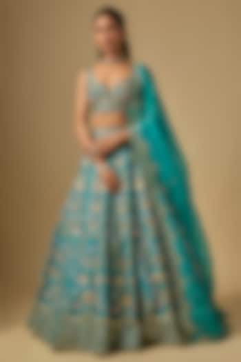 Green Raw Silk Zardosi Embroidered Bridal Lehenga Set by Shlok Design at Pernia's Pop Up Shop