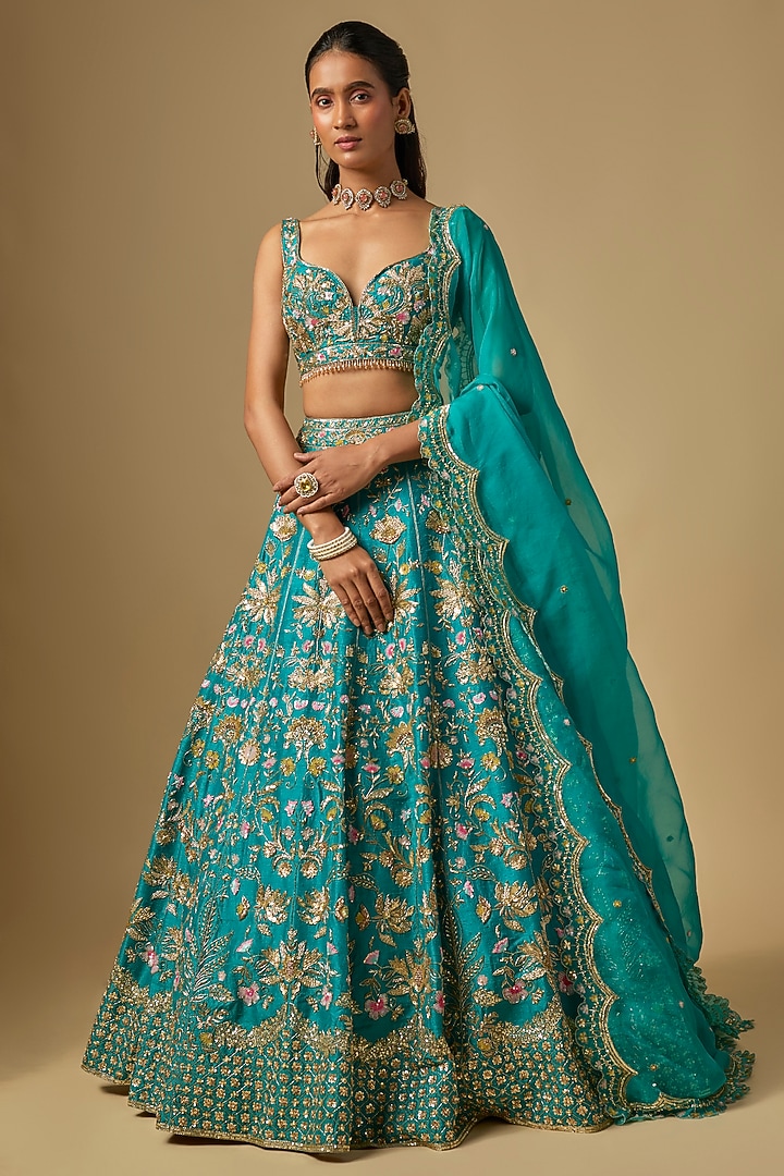 Green Raw Silk Zardosi Embroidered Bridal Lehenga Set by Shlok Design at Pernia's Pop Up Shop