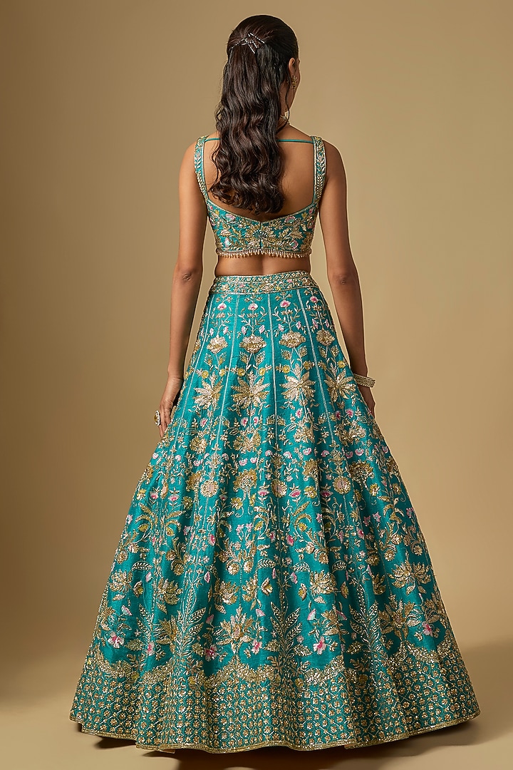 Green Raw Silk Zardosi Embroidered Bridal Lehenga Set by Shlok Design at Pernia's Pop Up Shop