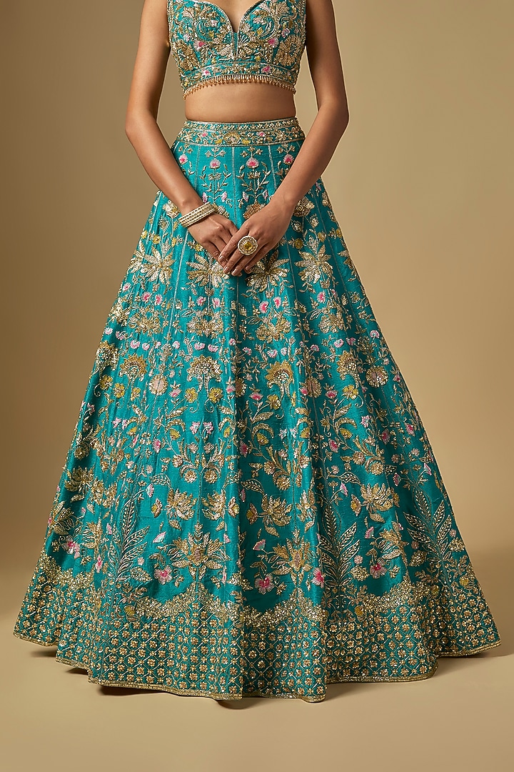 Green Raw Silk Zardosi Embroidered Bridal Lehenga Set by Shlok Design at Pernia's Pop Up Shop