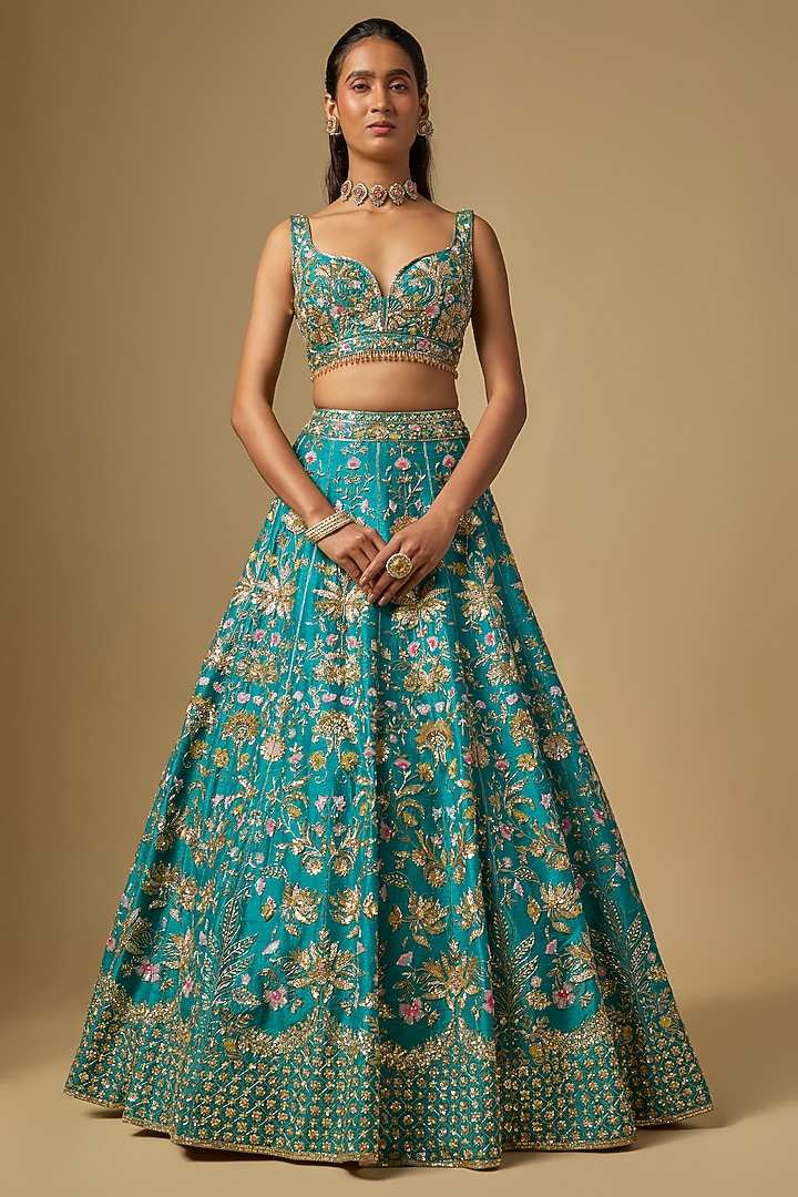 Green Raw Silk Zardosi Embroidered Bridal Lehenga Set by Shlok Design at Pernia's Pop Up Shop