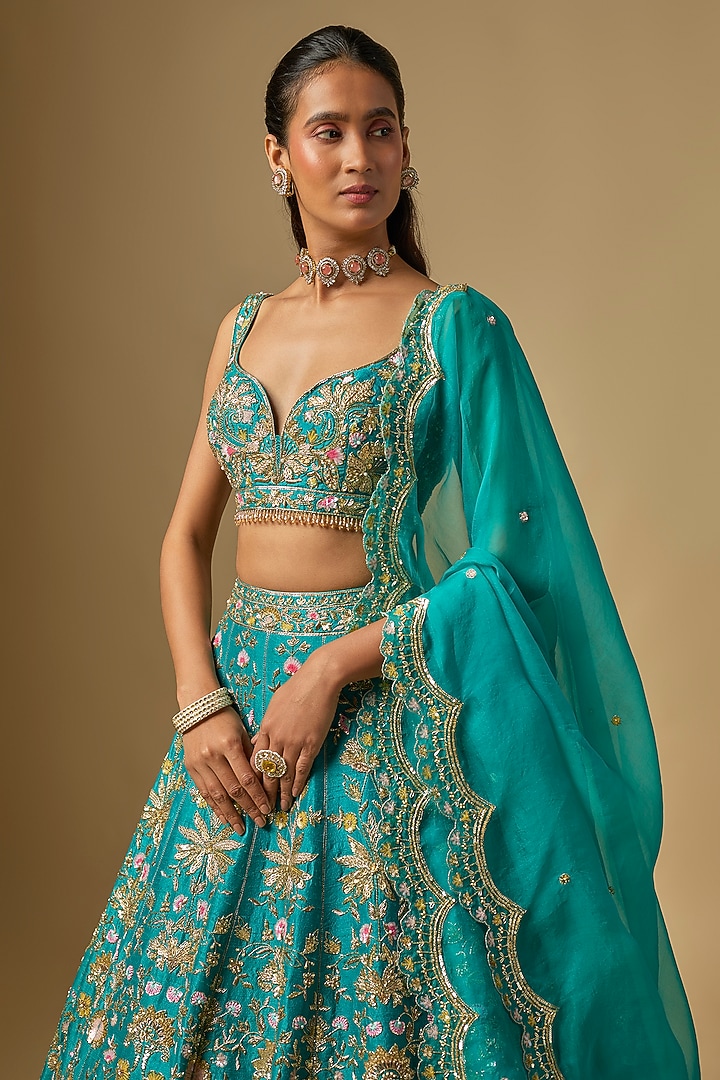 Green Raw Silk Zardosi Embroidered Bridal Lehenga Set by Shlok Design at Pernia's Pop Up Shop