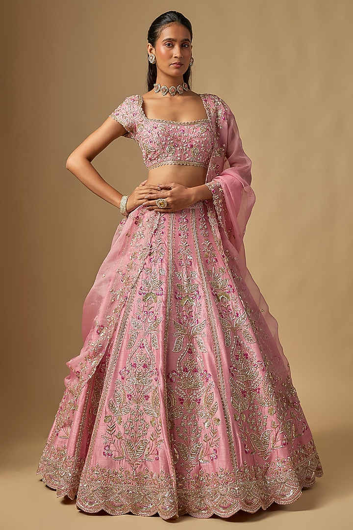 Pink Dupion Sequins & Nakshi Embroidered Bridal Lehenga Set by Shlok Design at Pernia's Pop Up Shop