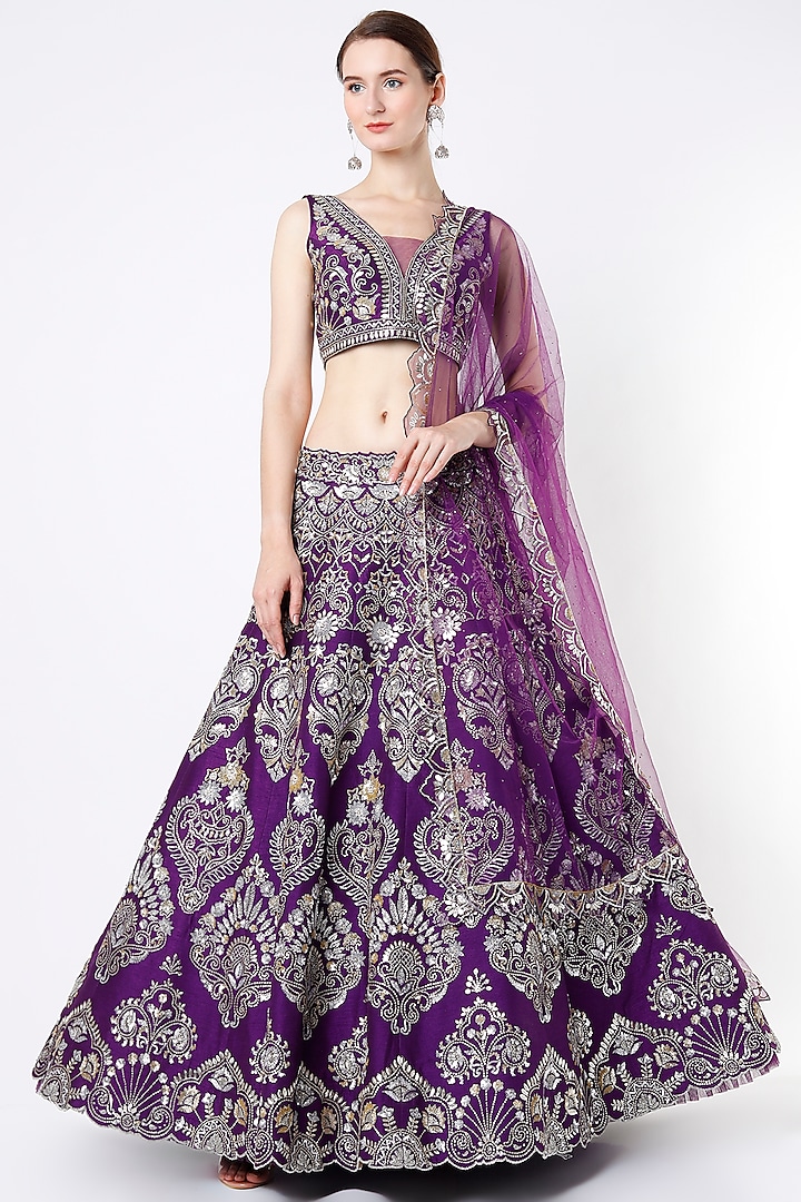 Violet Embroidered Lehenga Set by Shlok Design