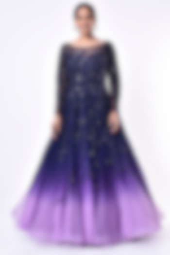 Blue & Purple Ombre Embroidered Gown by Shlok Design