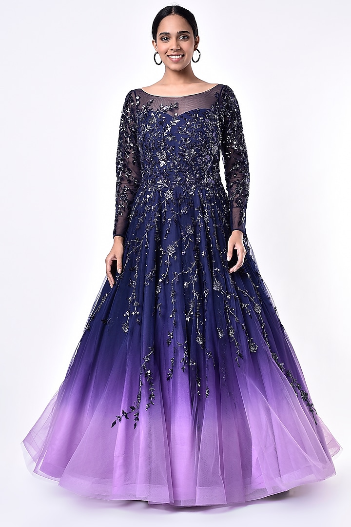 Blue & Purple Ombre Embroidered Gown Design by Shlok Design at Pernia's ...