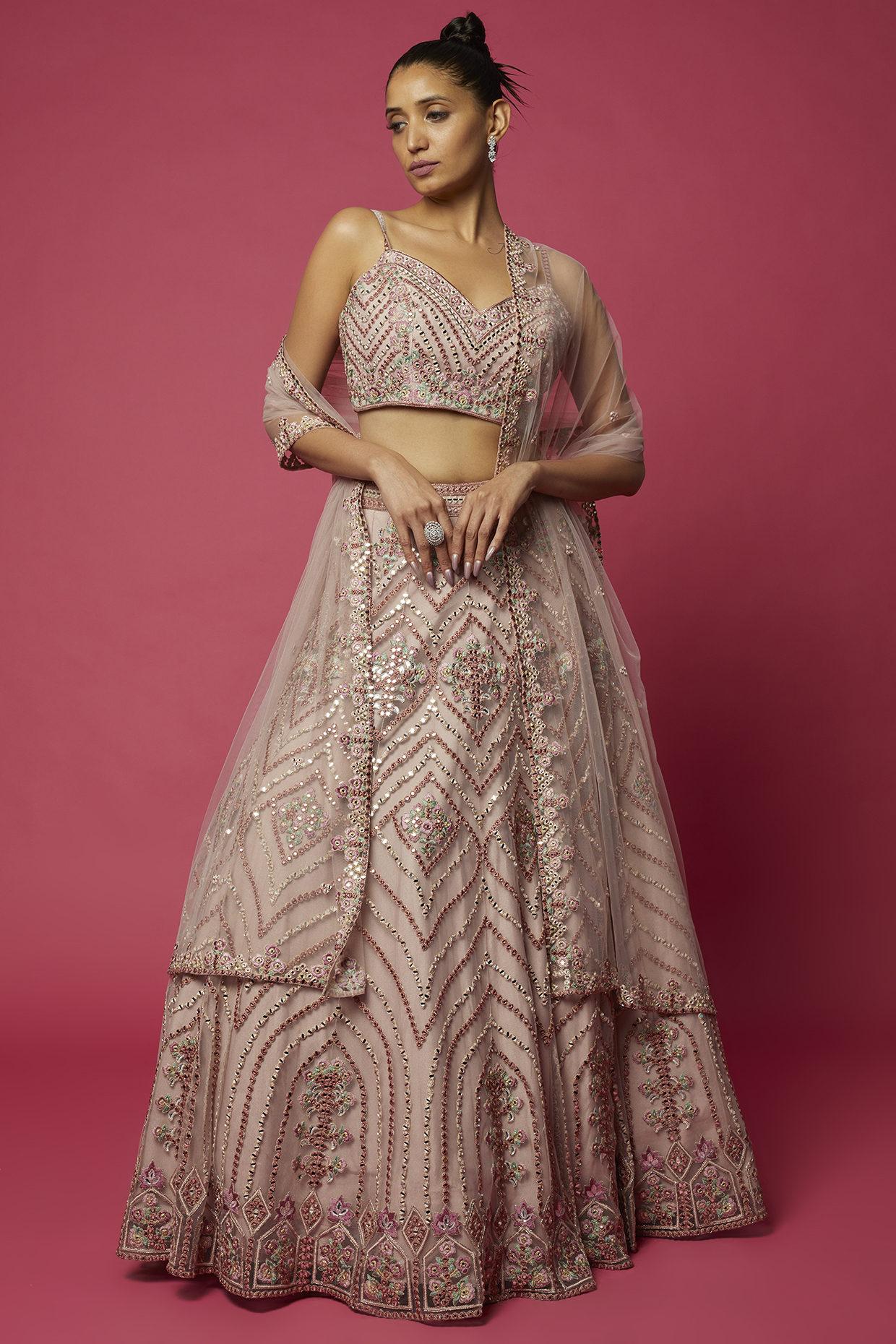 Peach Organza Embroidered Lehenga Set by Shlok Design