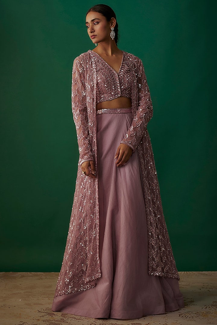 Purple Net & Organza Sequins Embroidered Jacket Wedding Lehenga Set by Shlok Design at Pernia's Pop Up Shop