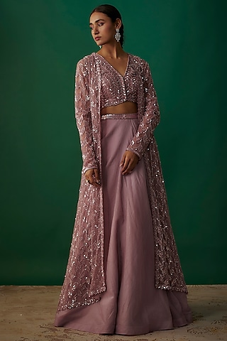 Purple Net & Organza Sequins Embroidered Jacket Lehenga Set by Shlok Design