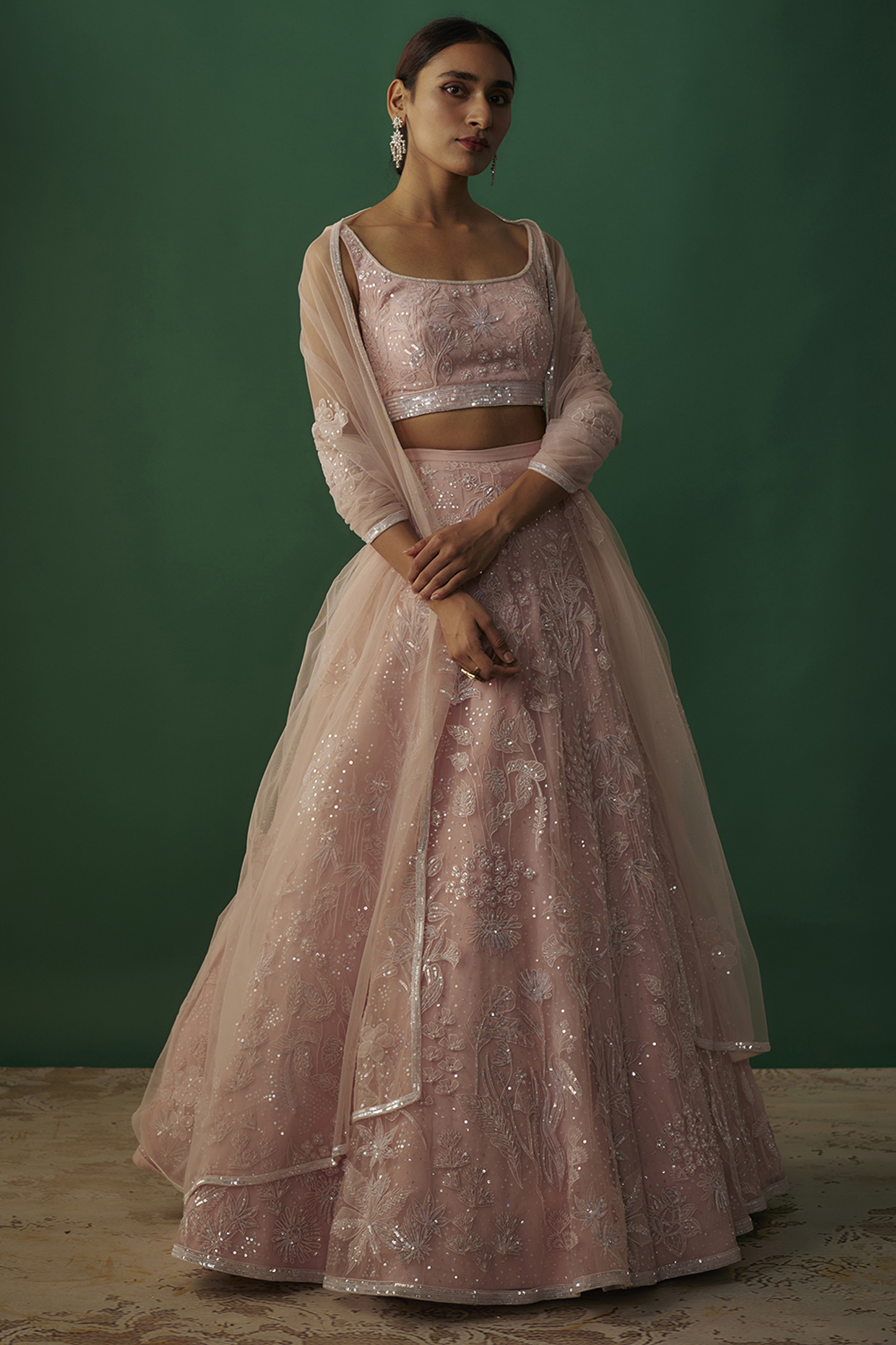 Pink Net Sequins & Applique Embroidered Wedding Lehenga Set by Shlok Design at Pernia's Pop Up Shop