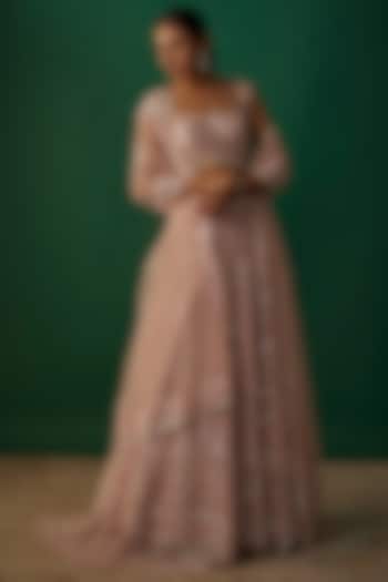 Pink Net Sequins Embroidered Kalidar Wedding Lehenga Set by Shlok Design at Pernia's Pop Up Shop