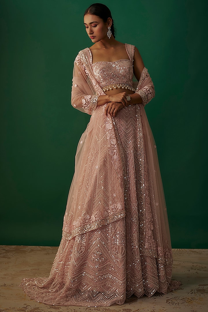 Pink Net Sequins Embroidered Kalidar Wedding Lehenga Set by Shlok Design at Pernia's Pop Up Shop