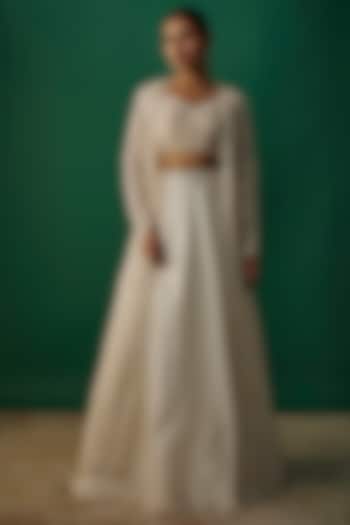 Ivory Net & Organza Sequins Embroidered Jacket Wedding Lehenga Set by Shlok Design at Pernia's Pop Up Shop