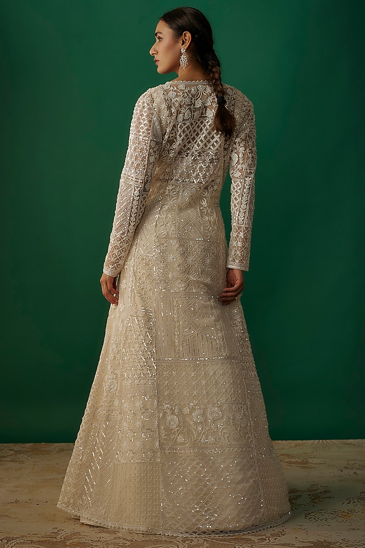 Ivory Net & Organza Sequins Embroidered Jacket Wedding Lehenga Set by Shlok Design at Pernia's Pop Up Shop