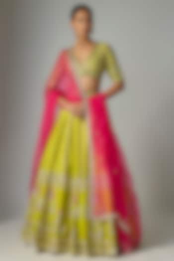 Bright Green Dupion Hand Embroidered Bridal Lehenga Set by Shlok Design at Pernia's Pop Up Shop