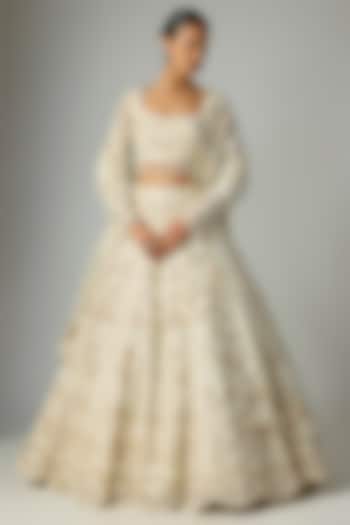 Ivory & Beige Net Embroidered Bridal Lehenga Set by Shlok Design at Pernia's Pop Up Shop