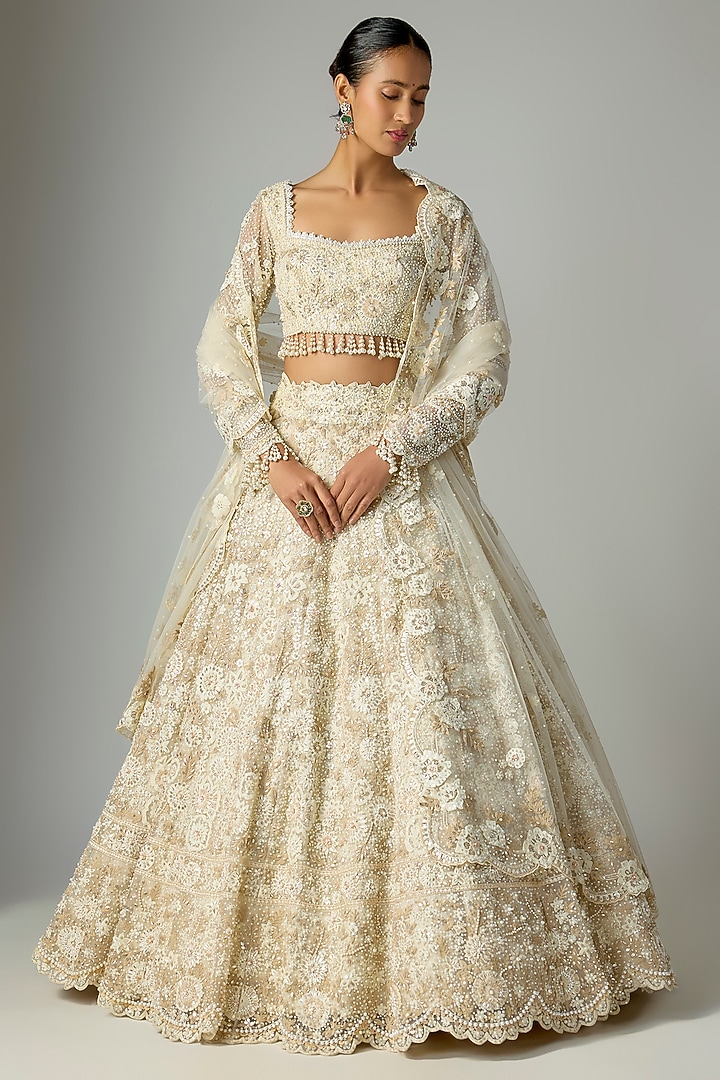 Ivory & Beige Net Embroidered Bridal Lehenga Set by Shlok Design at Pernia's Pop Up Shop