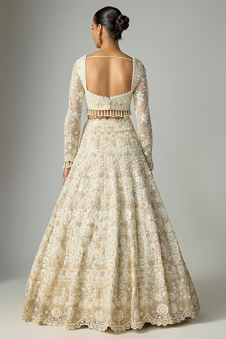 Ivory & Beige Net Embroidered Bridal Lehenga Set by Shlok Design at Pernia's Pop Up Shop