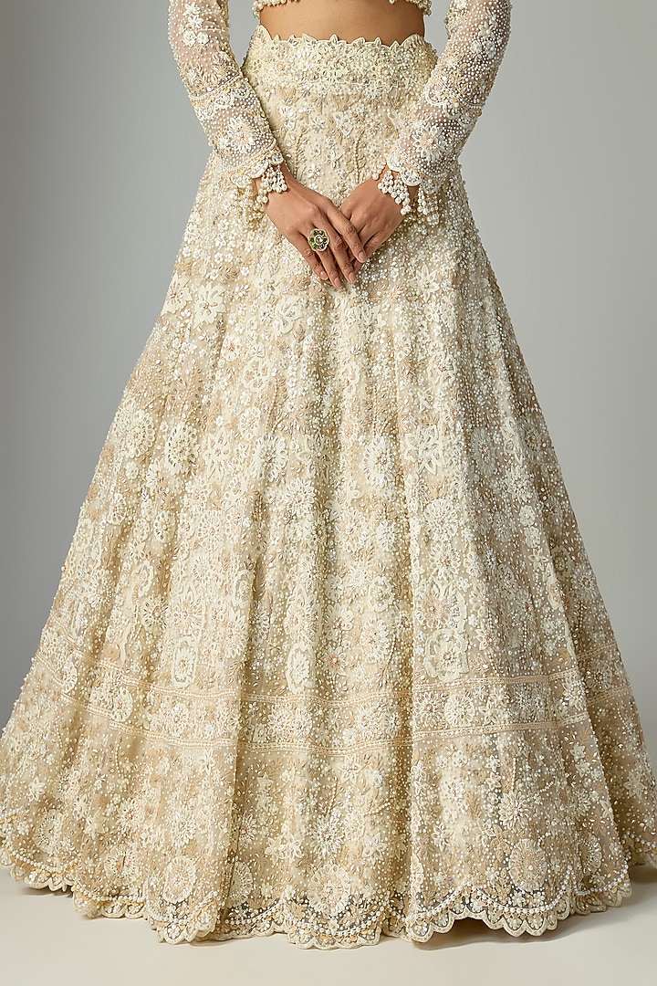Ivory & Beige Net Embroidered Bridal Lehenga Set by Shlok Design at Pernia's Pop Up Shop