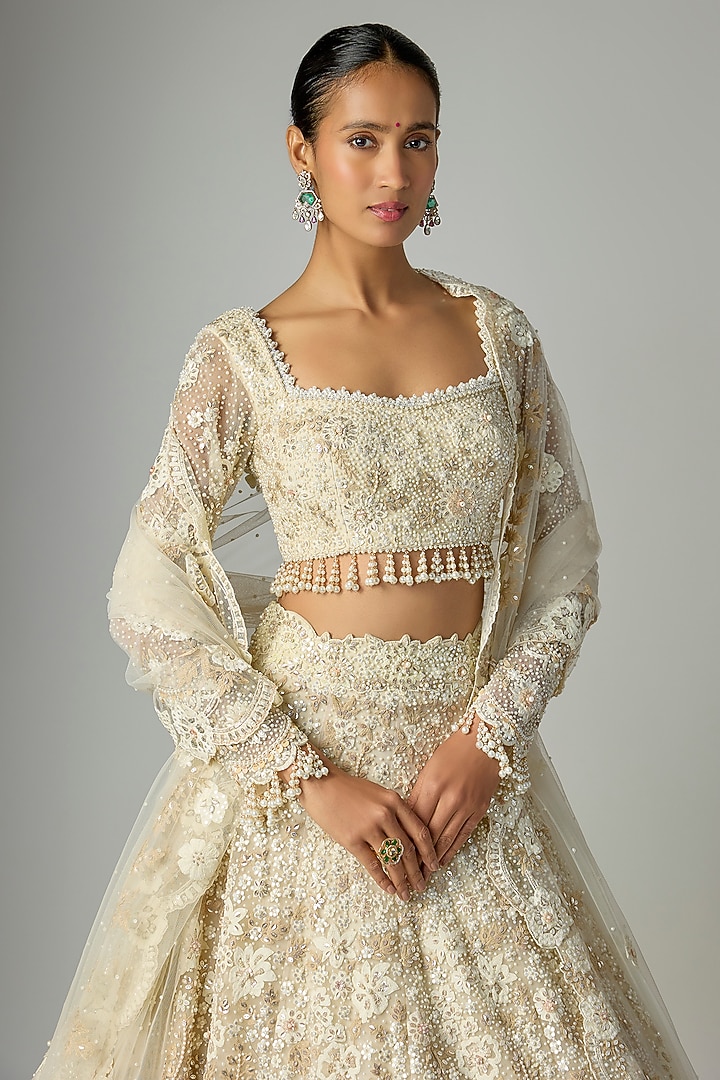 Ivory & Beige Net Embroidered Bridal Lehenga Set by Shlok Design at Pernia's Pop Up Shop
