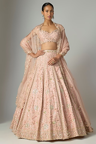 Peach Raw Silk Embroidered Lehenga Set by Shlok Design