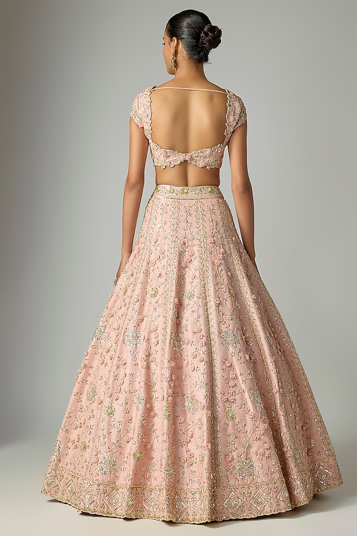Peach Raw Silk Embroidered Bridal Lehenga Set by Shlok Design at Pernia's Pop Up Shop