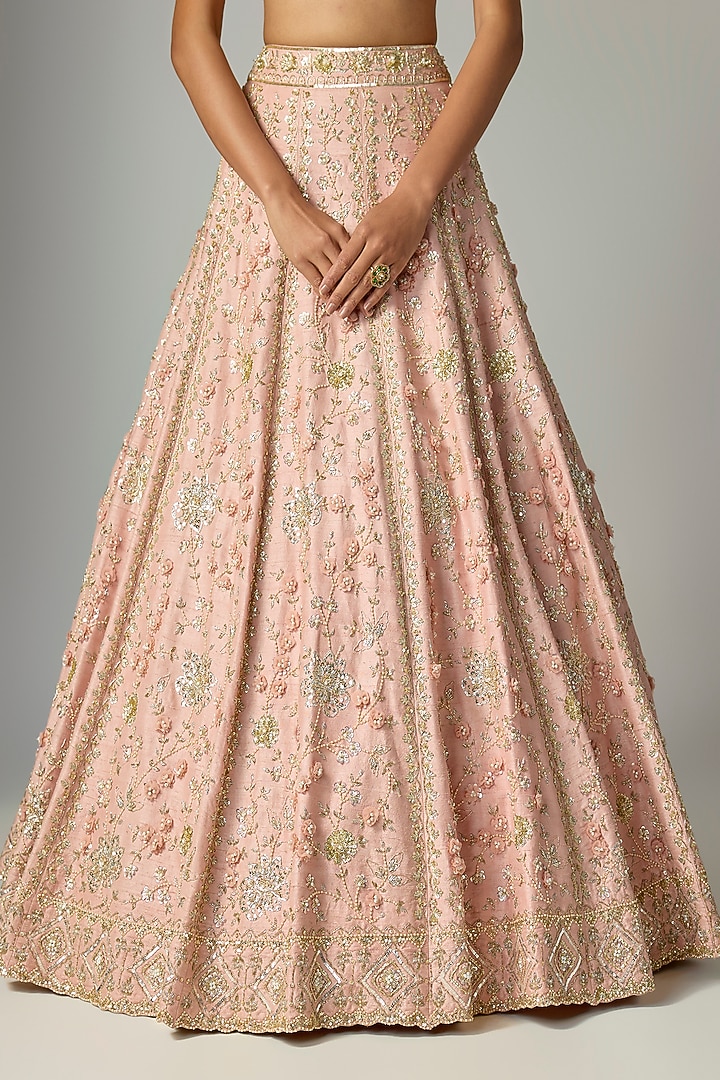 Peach Raw Silk Embroidered Bridal Lehenga Set by Shlok Design at Pernia's Pop Up Shop