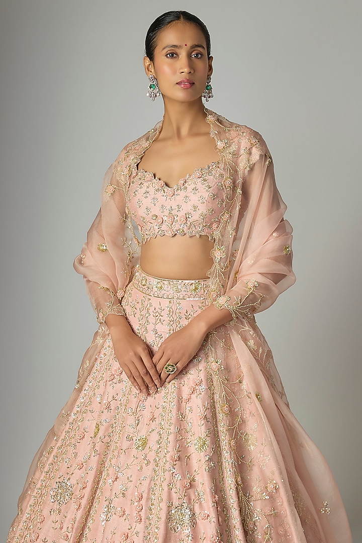 Peach Raw Silk Embroidered Bridal Lehenga Set by Shlok Design at Pernia's Pop Up Shop