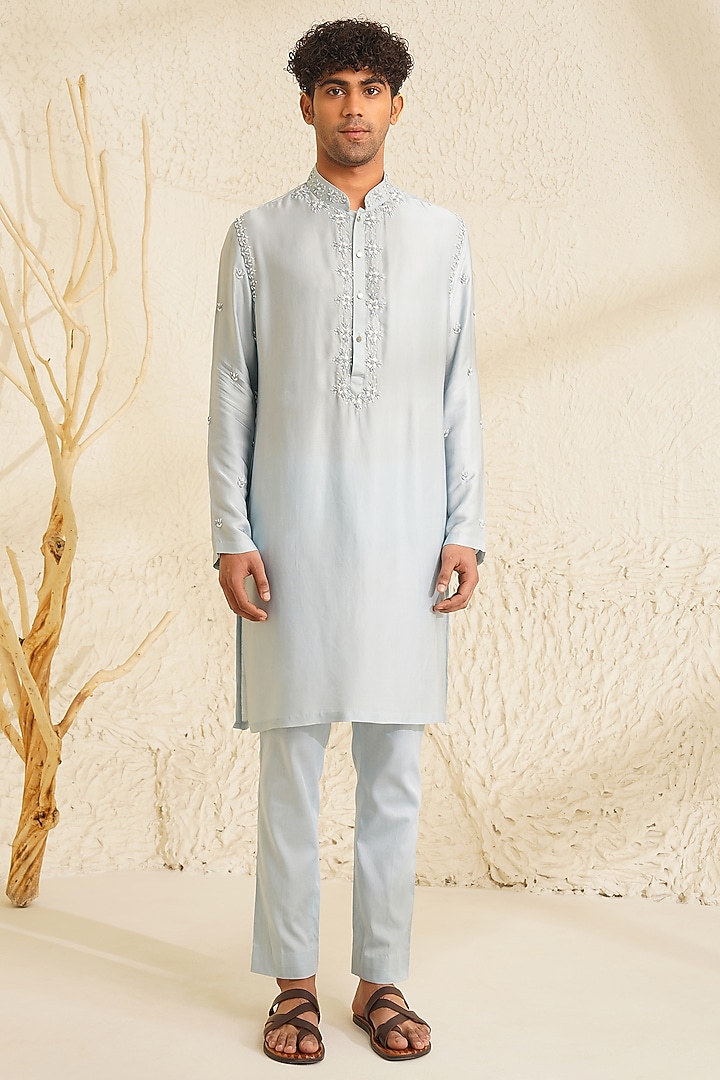 Powder Blue Chanderi Silk Hand Embroidered Kurta Set by Shreyansh Designs at Pernia's Pop Up Shop